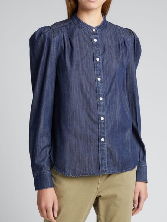 Frame Denim Tops - FRAME $268 Charlie Puff-Sleeve Denim Top Women's Small "Gorham" Dark Wash